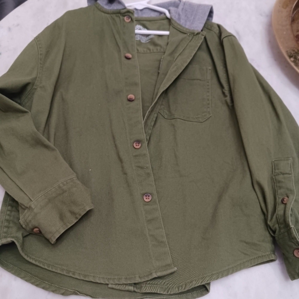 Olive Green Button-Up Shirt with Hood